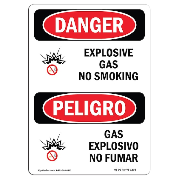 Safety Sign, OSHA Danger, 24" Height, Aluminum, Explosive Gas No Smoking Spanish